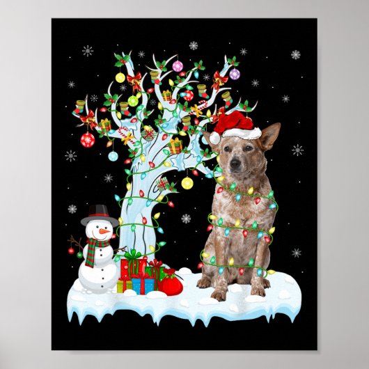 Kerstboom Kerstman Hoed Australische vee hond Poster (Voorkant)