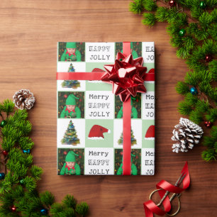 Kerstboom Kerstman Hoed Familie Foto Merry Jolly Cadeaupapier