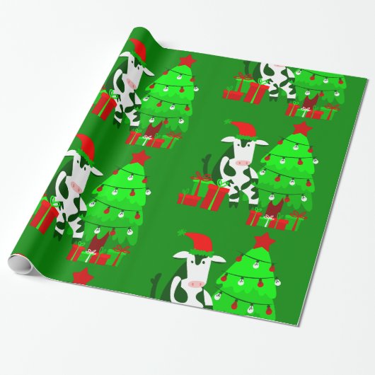 kerstboom-kerstman-koe cadeaupapier (Uitgerold)