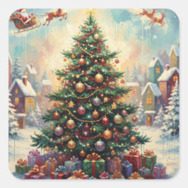 Kerstboom, Kerstman Vierkante Sticker