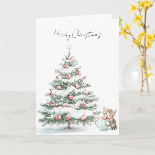 Kerstboom Kitten Pepermunt Kaart (Gele Bloem)
