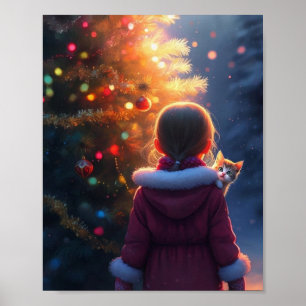 Kerstboom klein meisje schattig katje poster