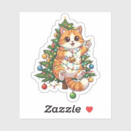 Kerstboom Klimmende Kat in Lichtjes Verward Feestd Sticker
