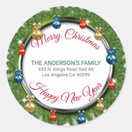 Kerstboom krans en kerstbal ronde sticker