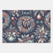 Kerstboom krans ornamenten ontwerp blauw begie inpakpapier vel (Voorkant 3)