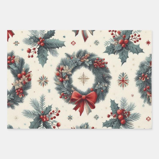 Kerstboom krans ornamenten ontwerp blauw begie inpakpapier vel (Voorkant)