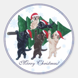 Kerstboom Labradors in de sneeuw Sneeuwvlok Ronde Sticker
