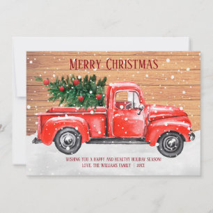 Kerstboom Landelijke Rode Truck Vintage Naam Feestdagenkaart