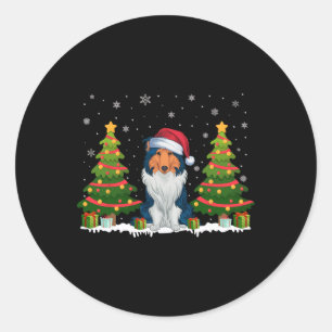 Kerstboom Licht Rough Collie Dog Santa Hat Kerstmi Ronde Sticker