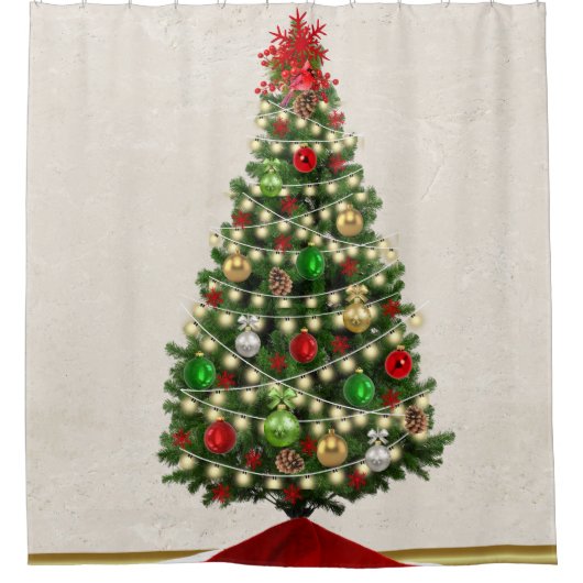 Kerstboom Lichten & Ornamenten Douchegordijn (Voorkant)