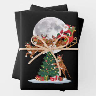 Kerstboom Lichtjes Grappige Kerstman Ridend op een Inpakpapier Vel