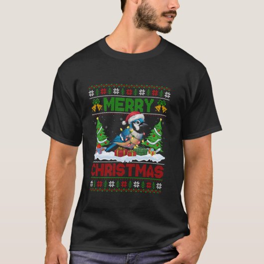 Kerstboom Lighting Ugly Santa Hat Blue Jay Bird CH T-shirt (Voorkant)
