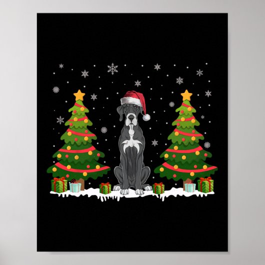 Kerstboom Lights Great Dane Dog Santa Hat Kerstmis Poster (Voorkant)