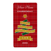 Kerstboom lint rood geruite banner wijn label (Voorkant)