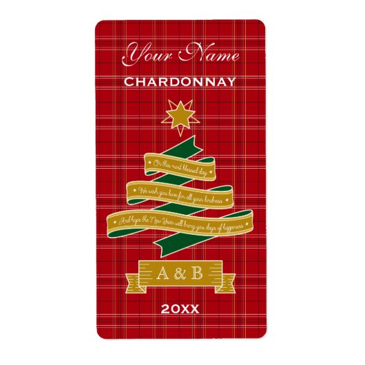 Kerstboom lint rood geruite banner wijn label (Voorkant)