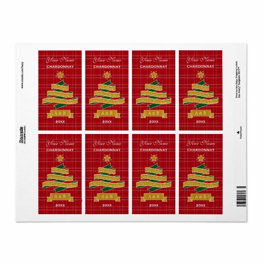Kerstboom lint rood geruite banner wijn label (Full Sheet)