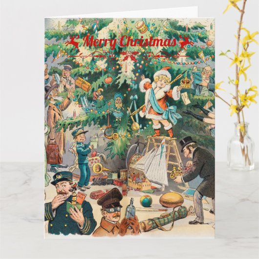 Kerstboom Lithografisch Vintage Kaart (Gele Bloem)