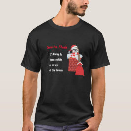 Kerstboom luiaard met zak in schoorsteen met kerst t-shirt