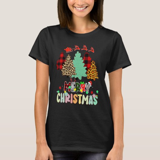 Kerstboom Luipaard Buffel Rood Geruit Voor T-shirt (Voorkant)