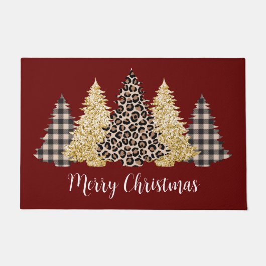 Kerstboom Luipaardprint Buffalo Plaid Glitter Deurmat (Voorkant)