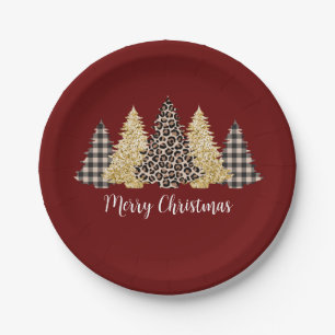 Kerstboom Luipaardprint Buffalo Plaid Glitter Papieren Bordje