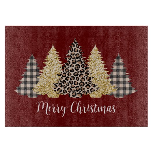 Kerstboom Luipaardprint Buffalo Plaid Glitter Snijplank (Voorkant)
