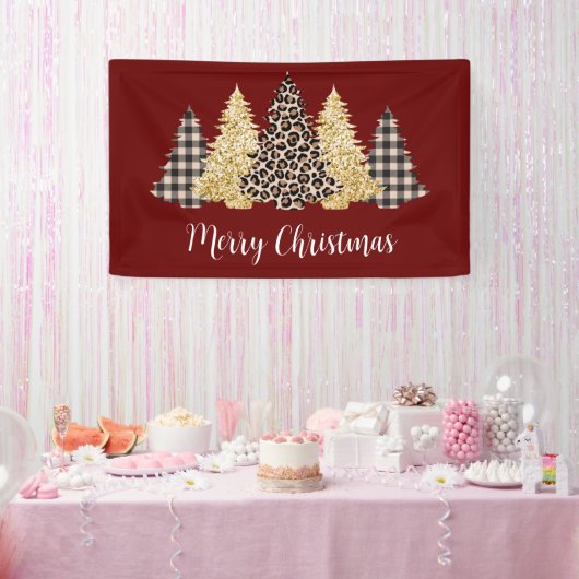 Kerstboom Luipaardprint Buffalo Plaid Glitter Spandoek (Feest)
