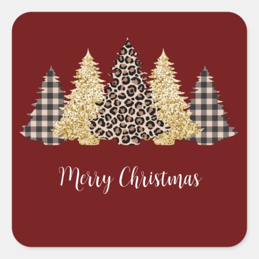 Kerstboom Luipaardprint Buffalo Plaid Glitter Vierkante Sticker (Voorkant)