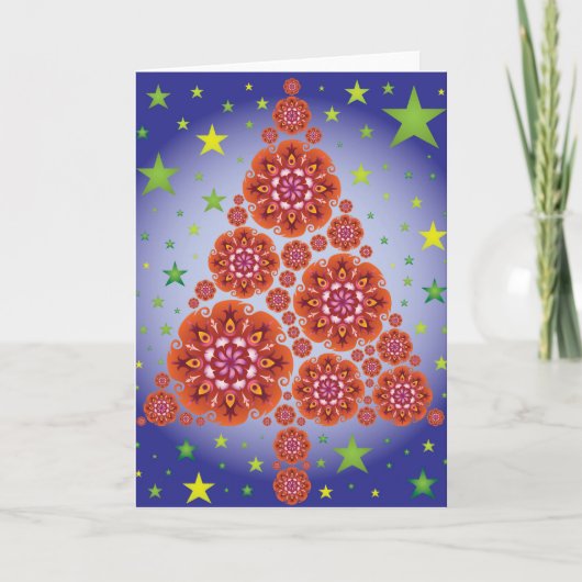 Kerstboom Mandalas Stars Rode Blauwe Kleur Feestdagen Kaart (Voorkant)