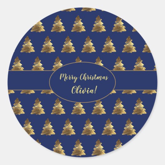 Kerstboom Marine Blauw en Goud Elegant Ronde Sticker (Voorkant)