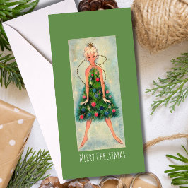 Kerstboom Meisje Vakantiewenskaart Vintage Feestdagenkaart