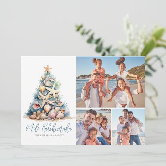 Kerstboom Mele Kalikimaka Beach Foto Feestdagenkaart (Staand voorkant)