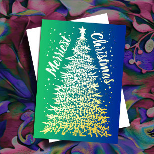 Kerstboom Merriest Christmas Blue Ombre Folie Feestdagenkaart