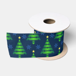 kerstboom met blauwe sneeuwvlok en achtergrond satijnen lint