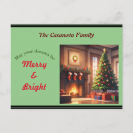 Kerstboom met cadeaus en een open haard feestdagenkaart