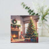 Kerstboom met cadeaus en een open haard feestdagenkaart (Staand voorkant)