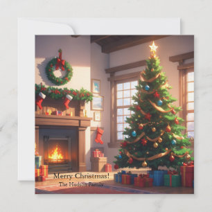Kerstboom met cadeaus en een open haard feestdagenkaart