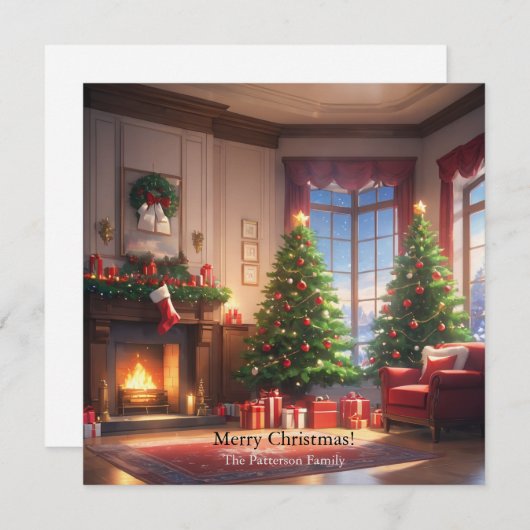 Kerstboom met cadeaus en een open haard feestdagenkaart (Voorkant / Achterkant)