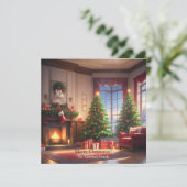 Kerstboom met cadeaus en een open haard feestdagenkaart (Staand voorkant)