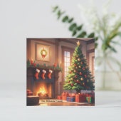 Kerstboom met cadeaus en een open haard feestdagenkaart (Staand voorkant)