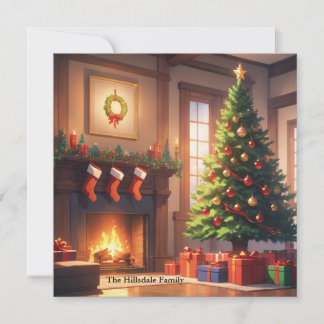 Kerstboom met cadeaus en een open haard feestdagenkaart