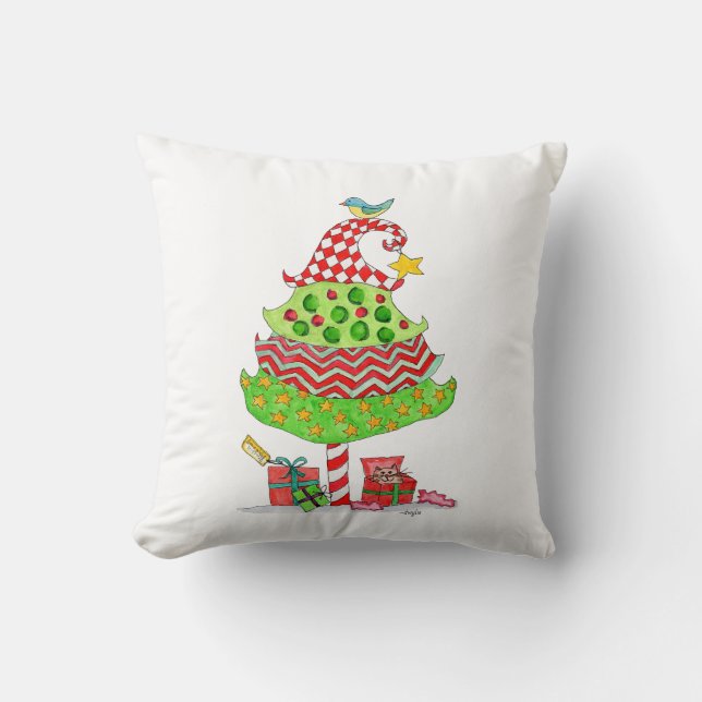 Kerstboom met cadeaus en kat kussen (Voorkant)