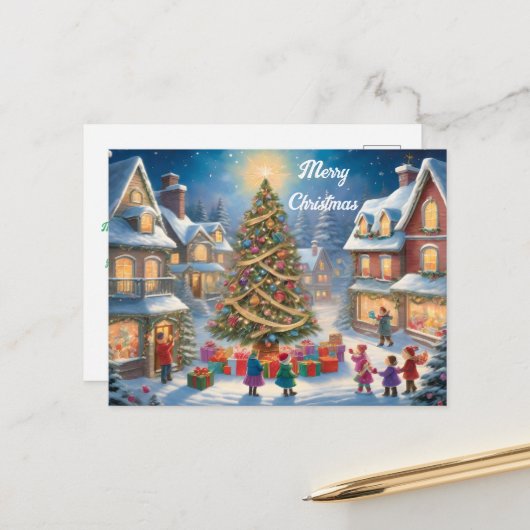 Kerstboom met cadeaus en kinderen feestelijk briefkaart (Voorkant / Achterkant in situ)