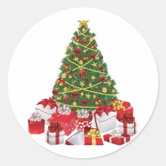 kerstboom met cadeaus ronde sticker (Voorkant)