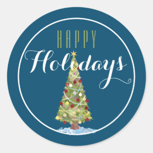 Kerstboom met een fijne feestdag/blauw ronde sticker