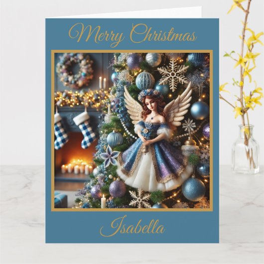 Kerstboom met engel (blauw) kaart (Gele Bloem)