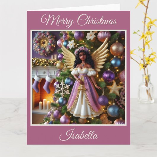 Kerstboom met engel (roze) kaart (Gele Bloem)