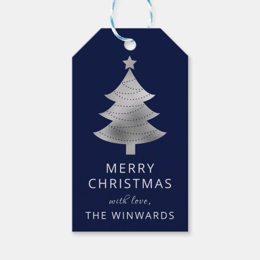 Kerstboom met feestblauw en zilver Foil Cadeaulabel (Voorkant)
