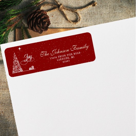 Kerstboom met feestelijke script in rood retouradr etiket