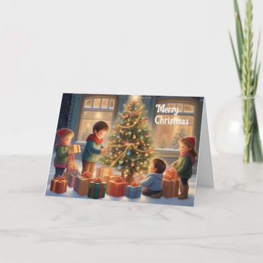Kerstboom met geschenken en kindervreugde kaart (Voorkant)